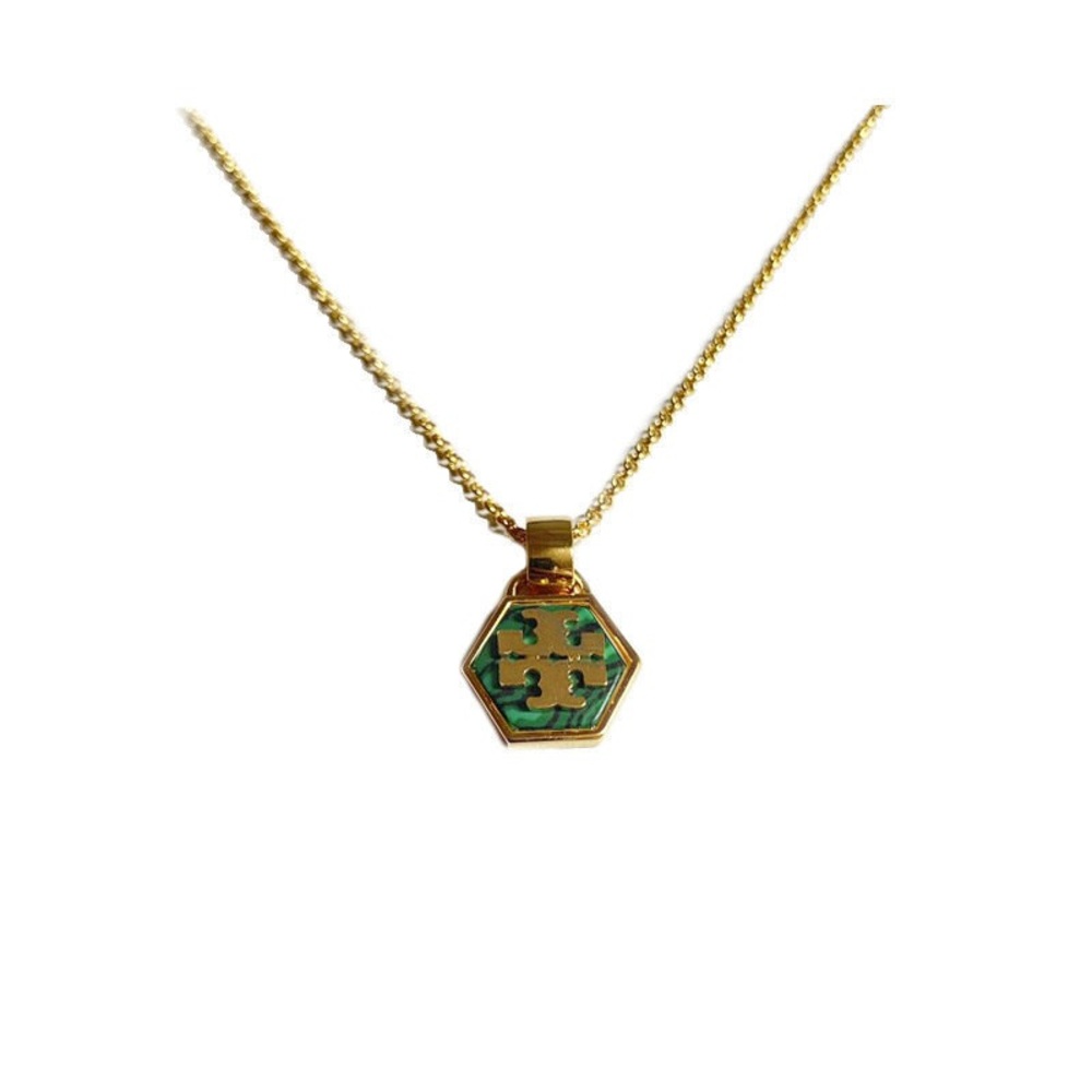 Tory Burch Gold and Green Hexagon Pendant Necklace